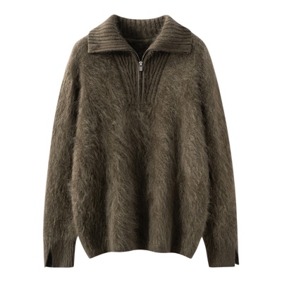 100%纯山羊绒衫女宽松加厚半开领