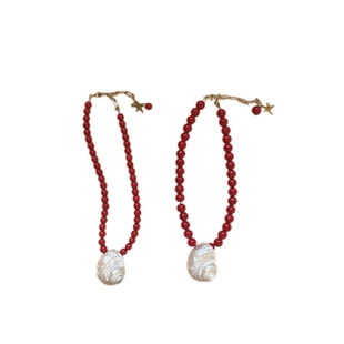 FHP 度假时髦感红色琉璃天然海螺贝壳串珠项链 ins博主同款锁骨链