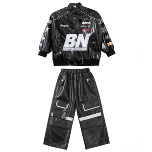 街舞少儿潮服嘻哈机车皮衣皮裤男童亮面外套hiphop炸街元旦演出服