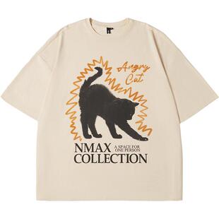 NMAX大码潮牌男装夏新品索罗娜凉感抑菌短袖T恤猫咪印花趣味上衣