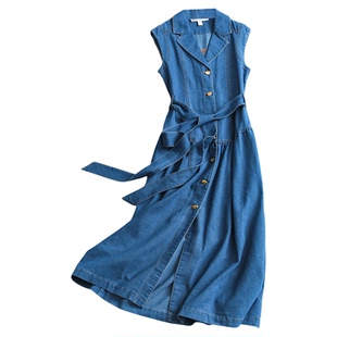 复古气质衬衫翻领无袖牛仔连衣裙2025秋季新款系带收腰长裙女B135