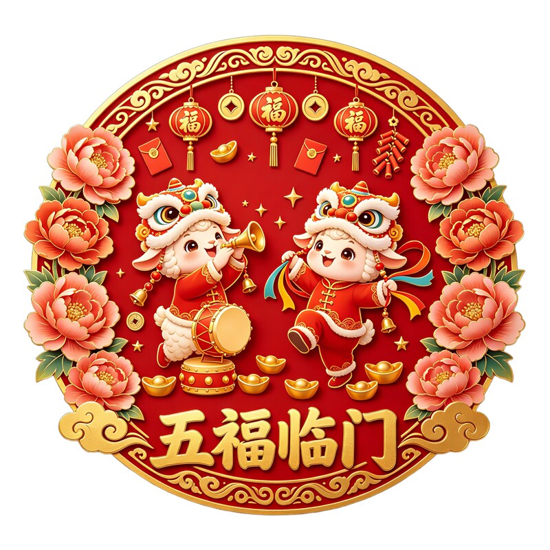 圆形五福临门小羊墙贴舞狮敲鼓吹喇叭牡丹鞭炮红包新春装饰贴纸画
