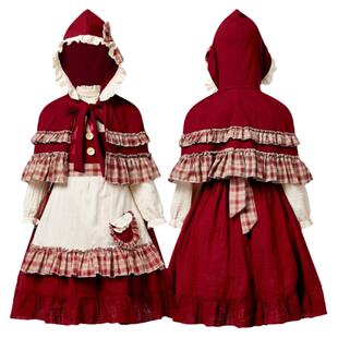 圣诞节小红帽儿童服装万圣节舞台演出服洛丽塔格子花边小红帽衣服