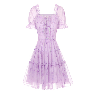 艾丽丝紫色网纱短裙子2025夏季新款泡泡袖公主裙女显瘦短袖连衣裙