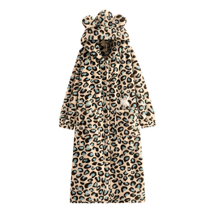 悦内睡裙女睡衣冬季法兰绒加绒加厚珊瑚绒长款大码睡袍可外穿豹纹