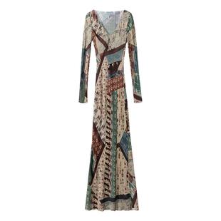 区别市场版1OO%真丝 复古中古风深V收腰桑蚕丝印花连衣裙度假长裙