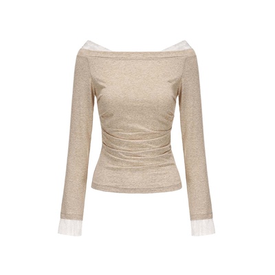 蕾丝拼接设计一字肩抽褶弹力上衣