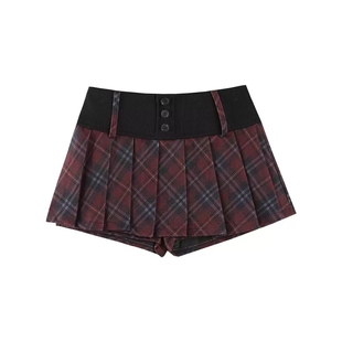 自制美式辣妹格子裙小个子宽腰头超短百褶半裙红色格纹jk半身裙裤