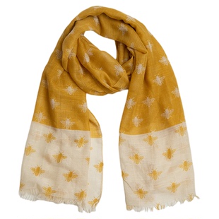 新款出口欧美 优雅姜黄色蜜蜂精致印花围巾女 春秋薄竹节纱丝巾窄