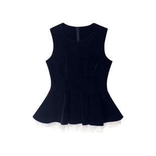 米米子微胖大码胖mm“浪漫协奏曲”浪漫圆领丝绒拼接网纱背心上衣