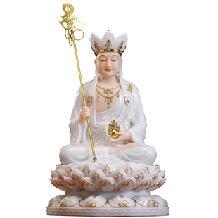汉白玉地藏王菩萨像家用供奉佛像摆件石雕金镶玉地藏菩萨娑婆三圣