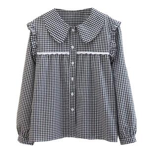 黑白格子衬衫长袖春秋新款洋气花边蕾丝内搭衬衣宽松娃娃领上衣
