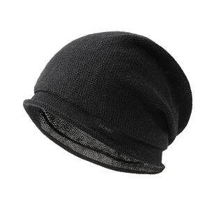 玖慕亚麻帽子女春秋黑色针织薄透气空调睡帽大头包头堆堆月子冷帽