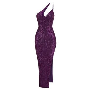 爆款性感晚礼服亮片斜肩露背裙子女修身下摆不规则聚会连衣裙长款