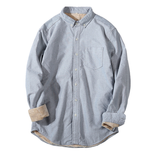 AF＆LF青年秋冬加绒加厚衬衣保暖牛津纺纯棉打底长袖衬衫男修身