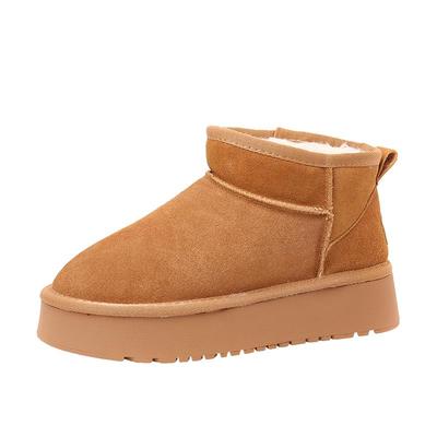 新卡伦雪地靴女厚底皮毛一体2025新款增高短筒加绒雪地棉面包鞋