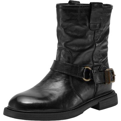 Bata时装靴女冬季新款复古抓纹牛皮粗跟西部牛仔靴58018DZ5