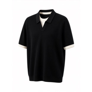 LUUD 假两件双层领口针织POLO衫男夏舒适透气薄款翻领短袖T恤毛衫
