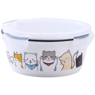 陶瓷保鲜碗带盖上班族饭盒可微波炉便当盒密封圆形大号卡通泡面碗