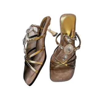 法式复古细跟罗马性感高跟鞋仙女风2025夏季水钻一字扣带方头凉鞋