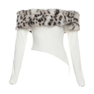 怪诞女孩 美式辣妹豹纹毛毛拼接一字肩长袖T恤女 不规则下摆上衣