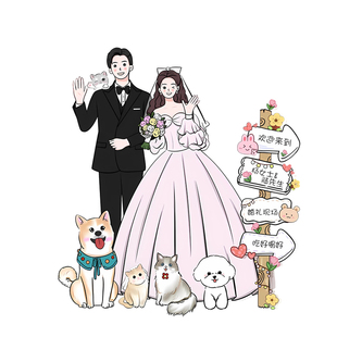 婚礼订婚宴装饰布置定制手绘漫画卡通人像立牌迎宾指示牌喜字KT板