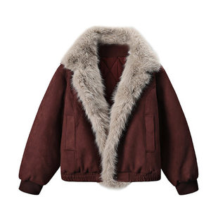 重磅美式复古硬挺boxy羽绒棉衣座山雕大毛领洗水麂皮棉服冬外套