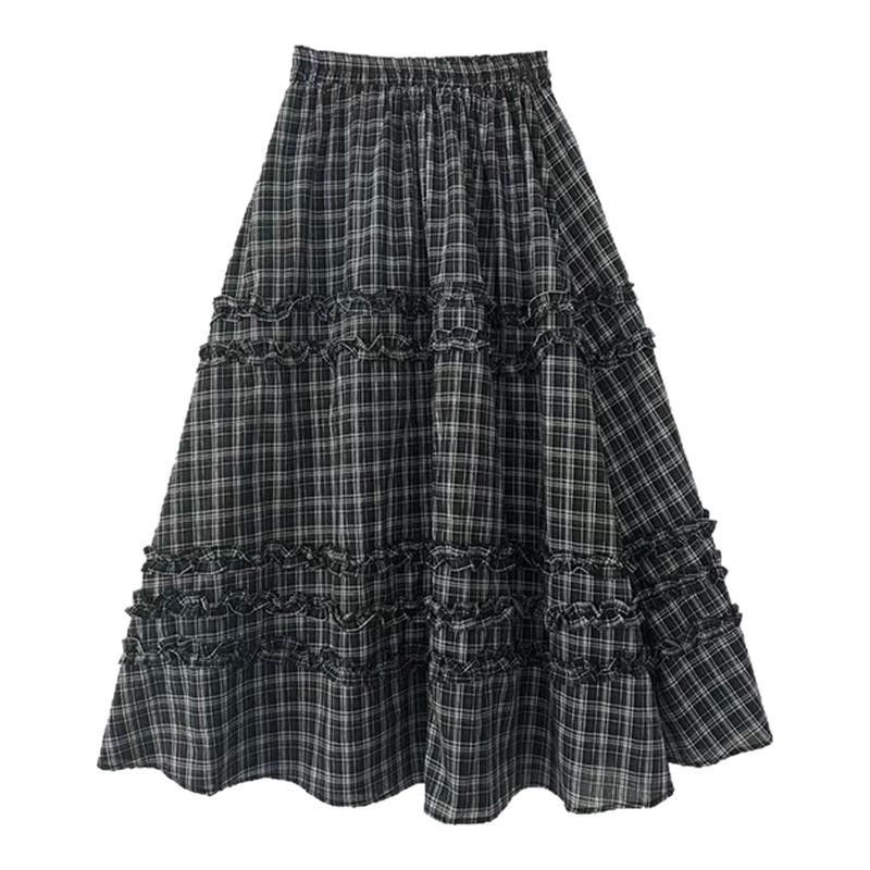 花边拼接复古黑白格子半身长裙女秋季大码胖mm显瘦蛋糕a字大摆裙