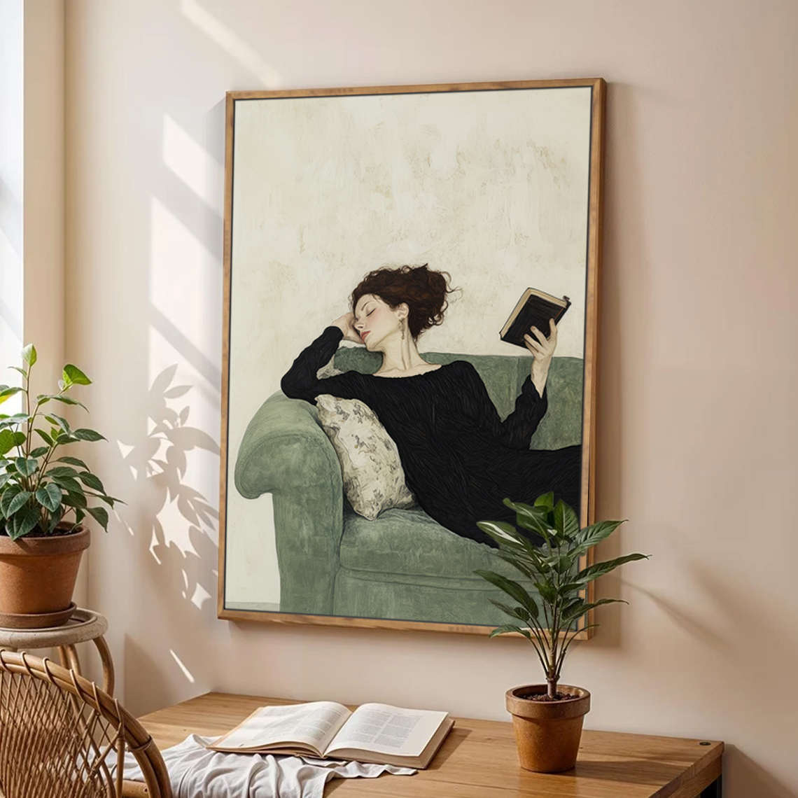 抽象人物沙发装饰画卧室读书女孩背景墙壁画客厅复古小众艺术挂画图片