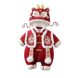 喜庆红色婴儿拜年服百天宝宝夹棉连体衣加绒加厚哈衣外出棉服冬季