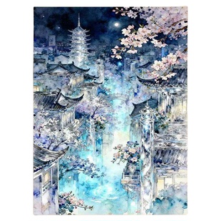 新春夜国风古城古巷古楼装饰画解压治愈系挂画风景客厅卧室壁画