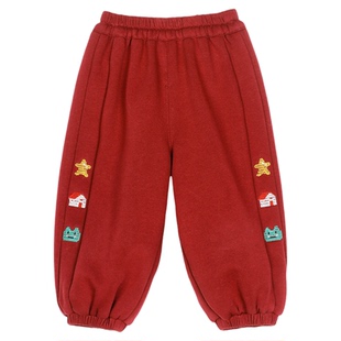 小O爸男婴童 宝宝加绒裤子刺绣冬加厚2025新款婴儿新年红色卫裤