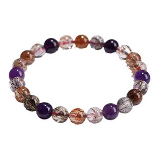 天然水晶彩金超七手链男女士款骨干发丝浓密金草莓紫红超七水晶