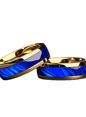 新款金色蓝纹双色戒指男士百搭