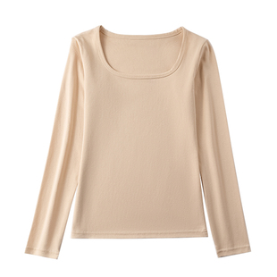 纯棉打底衫女新款加绒加厚U领长袖t恤修身内搭大领口方领白色上衣