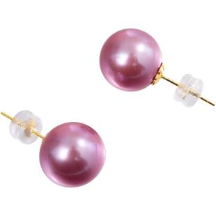 黛米珠宝 紫筱 11-12mm紫色圆形淡水珍珠耳钉经典18K金大耳饰耳环