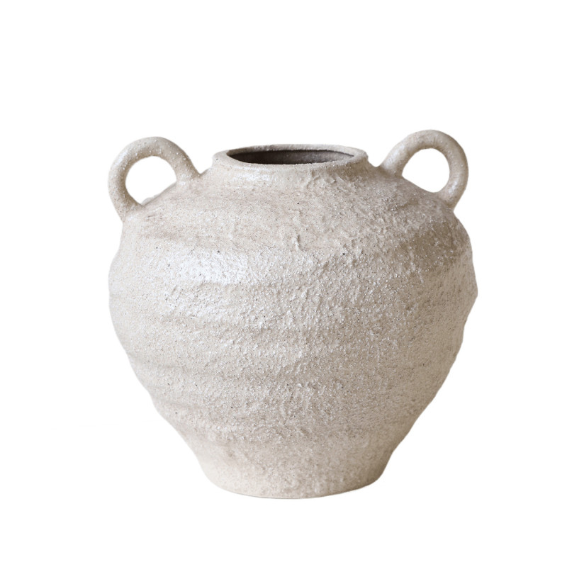 米子家居法式中古双耳陶瓷花瓶芍药插花玄关粗陶罐侘寂风干花花器