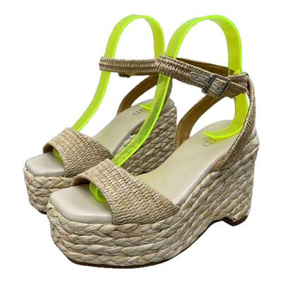 度假风一字带凉鞋编织坡跟松糕凉