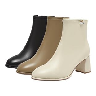 百思图冬商场新款加绒法式高跟羊皮靴白色短靴小踝靴女A2112DD4