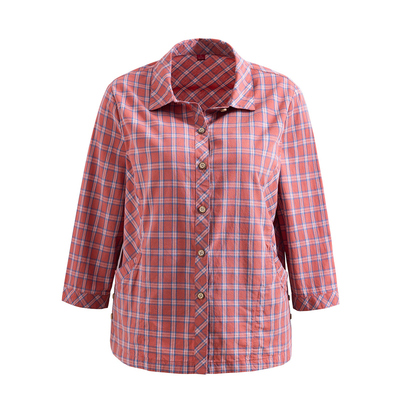 中老年夏纯棉衬衫女大码妈妈格子