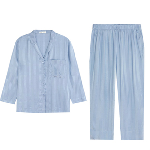 o家睡衣 简约显白冰丝绸缎面料长袖长裤小红书简约条纹家居服女士