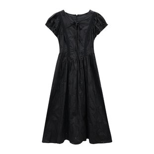 板栗西西【复古名伶】赫本风泡泡袖镂空提花气质显瘦收腰连衣裙夏