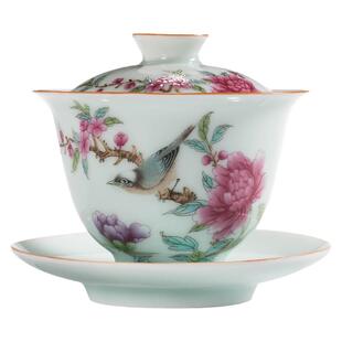 粉彩三才盖碗手绘功夫茶杯单个薄胎珐琅彩套装家用复古泡茶碗小号