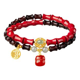 小叶紫檀手串男生朱砂竹节和田玉红玛瑙柿柿如意双圈手链文玩佛珠