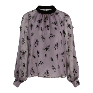 韩语琳 复古露肩碎花雪纺衫2025新款立领灯笼袖网纱上衣名媛穿搭