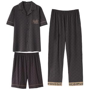 睡衣男士夏季纯棉短袖短裤长裤薄款男款全棉夏款大码家居服三件套