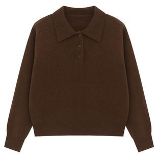 百家好白色POLO领绵羊毛宽松短款针织衫女士秋冬新款保暖内搭上衣