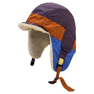 冬季拼色短檐雷锋帽子女加绒加厚骑车护耳保暖帽防寒护耳防风帽男