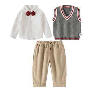 春秋绅士男童套装针织背心马甲白色衬衣灯芯绒裤子帅气周岁生日服