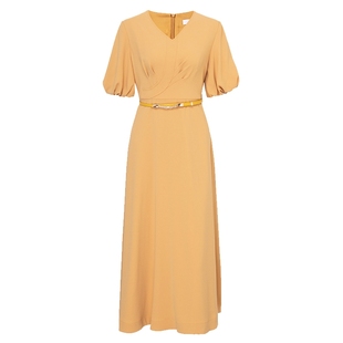 马天奴黄色V领三醋酸收腰连衣裙短袖长裙子秋MRS162DRX0